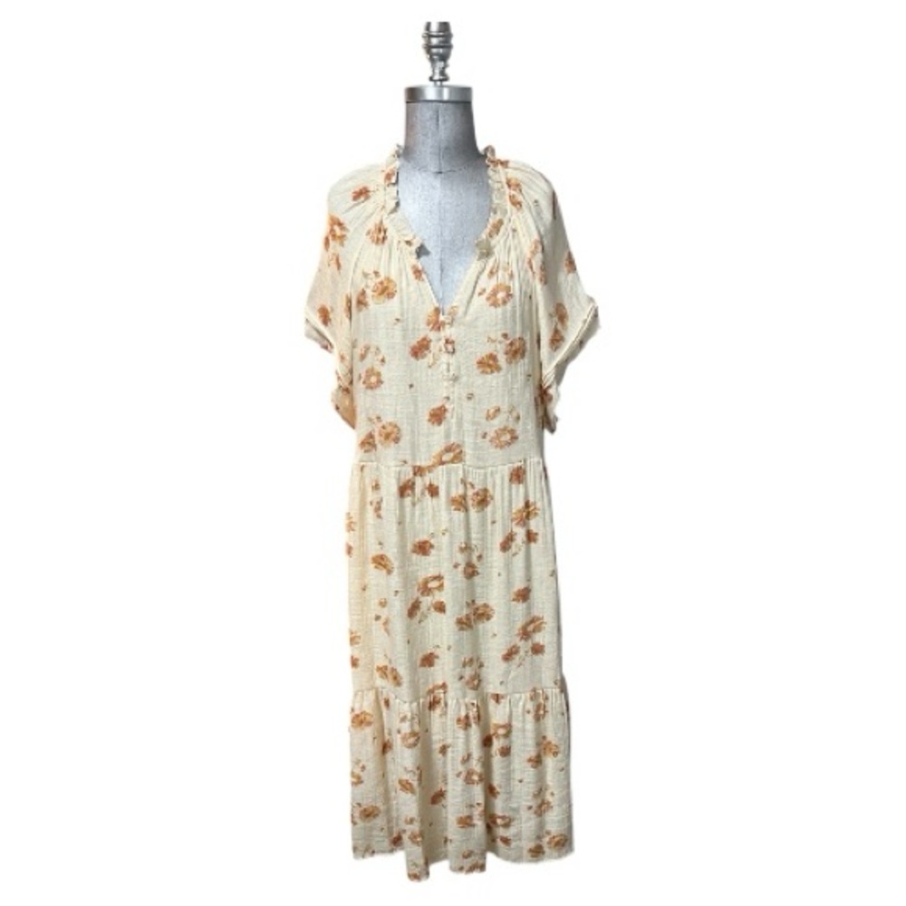 Wonderly Cream and Golden Floral Midi Dress Tired Short Sleeve Boho Flowy XL